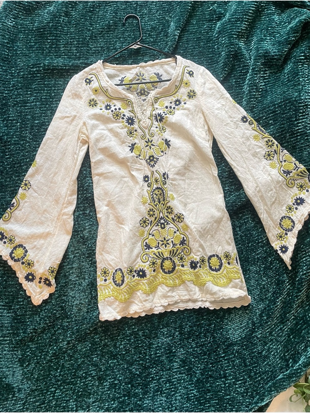 Free People Floral Embroidered Cream Tunic Dress Sz 6 Boho Festival Hippie